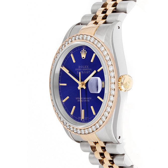 Rolex Datejust 36mm TWO TONE 16233 Blue Dial | Stick Hour Markers | 1.8ct Diamond Bezel