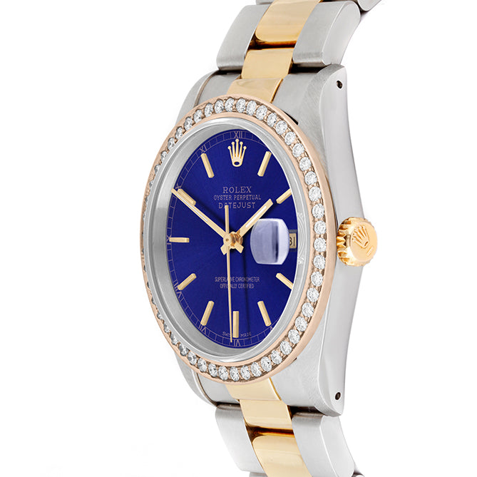 Rolex Datejust 36mm TWO TONE 16233 Blue Dial | Stick Hour Markers | 1.8ct Diamond Bezel