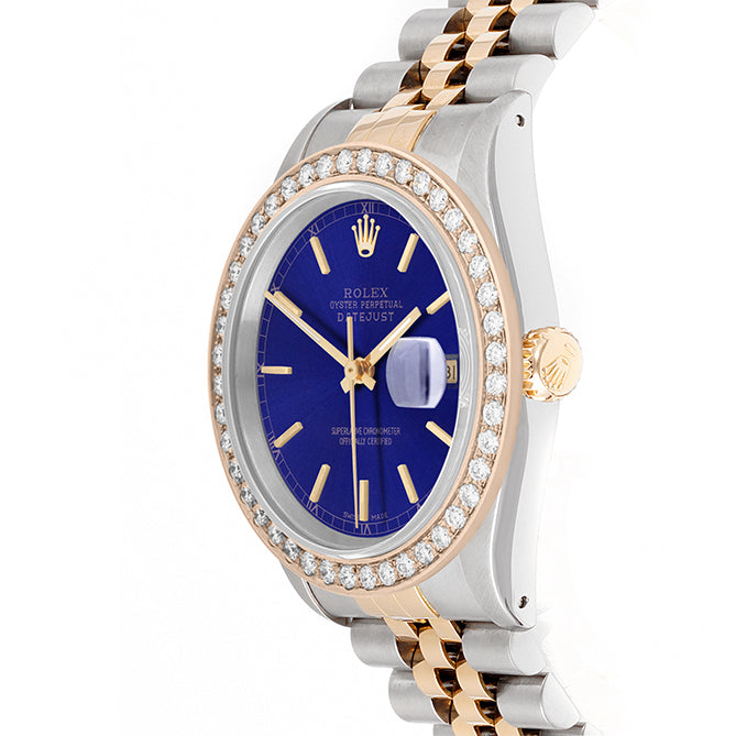 Rolex Datejust 36mm TWO TONE 16233 Blue Dial | Stick Hour Markers | 2ct Diamond Bezel