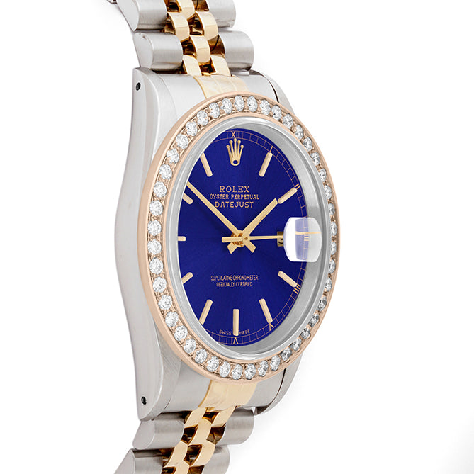 Rolex Datejust 36mm TWO TONE 16233 Blue Dial | Stick Hour Markers | 2ct Diamond Bezel