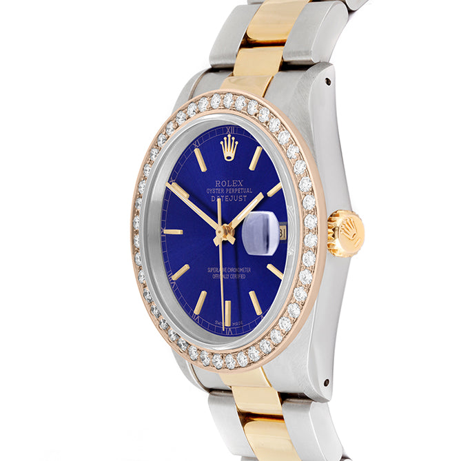 Rolex Datejust 36mm TWO TONE 16233 Blue Dial | Stick Hour Markers | 2ct Diamond Bezel
