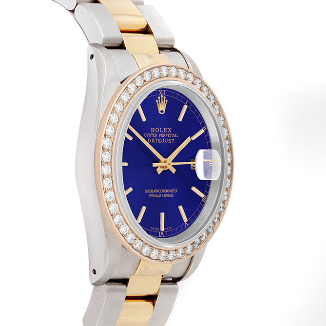 Rolex Datejust 36mm TWO TONE 16233 Blue Dial | Stick Hour Markers | 2ct Diamond Bezel