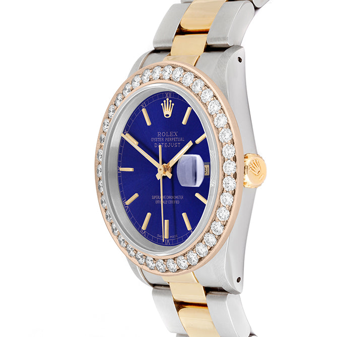 Rolex Datejust 36mm TWO TONE 16233  Blue  Dial | Stick Hour Markers | 2.5ct Diamond Bezel