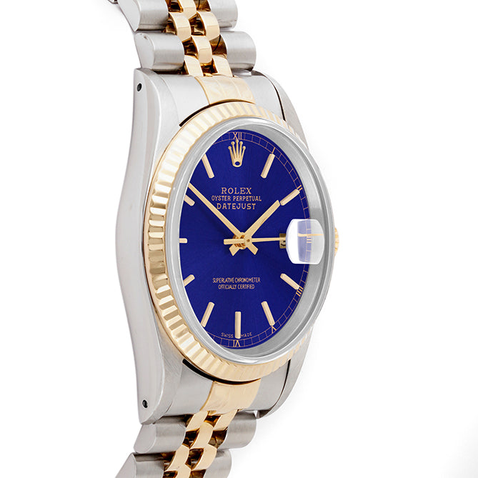 Rolex Datejust 36mm TWO TONE 16233 Blue Dial | Stick  Hour Markers | Fluted Bezel