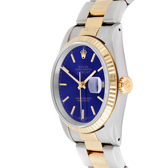 Rolex Datejust 36mm TWO TONE 16233 Blue Dial | Stick  Hour Markers | Fluted Bezel