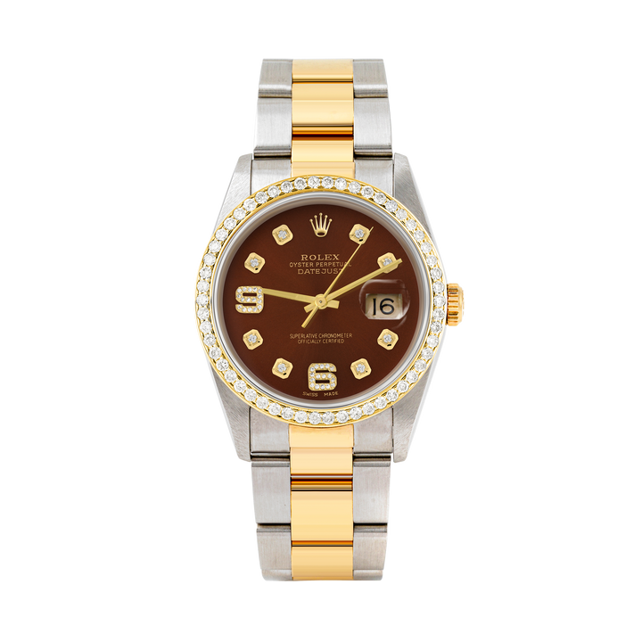 Rolex Datejust 36mm TWO TONE 16233 Brown Dial |  6&9 Diamond  Hour Markers | 1ct Diamond Bezel