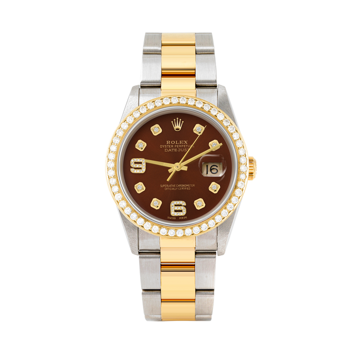 Rolex Datejust 36mm TWO TONE 16233 Brown Dial | 6&9 Diamond Hour Markers | 1.8ct Diamond Bezel