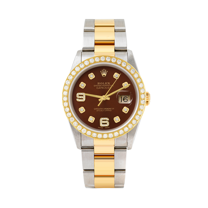 Rolex Datejust 36mm TWO TONE 16233 Brown  Dial |  6&9 Diamond  Hour Markers | 2ct Diamond Bezel