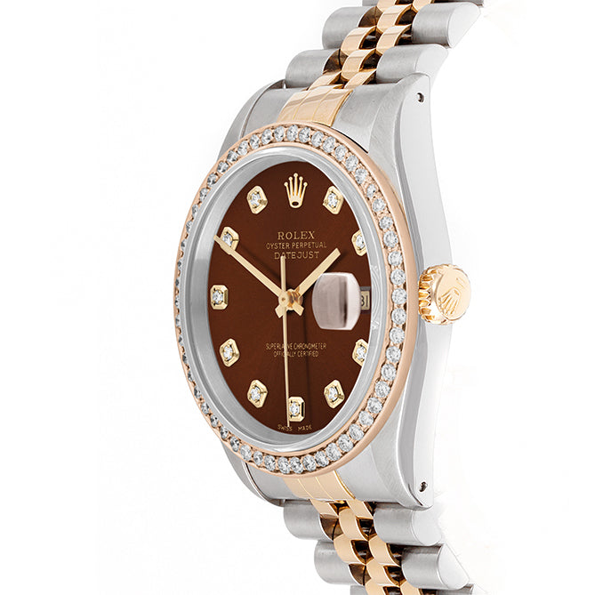 Rolex Datejust 36mm TWO TONE 16233 Brown Dial |  Diamond Hour Markers | 1ct Diamond Bezel