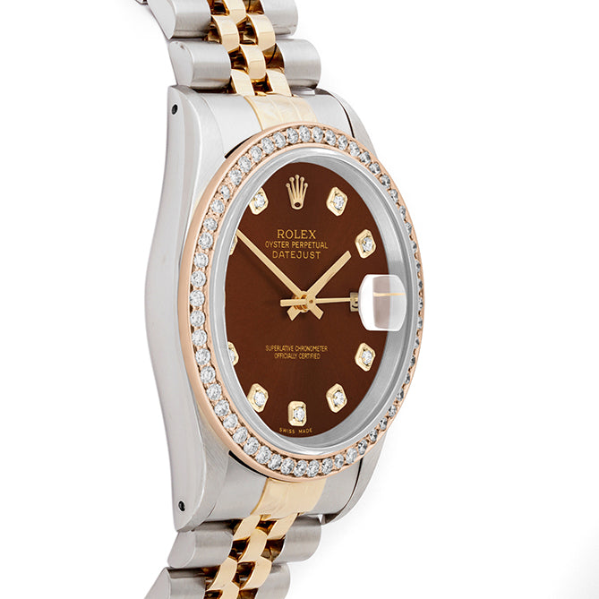 Rolex Datejust 36mm TWO TONE 16233 Brown Dial |  Diamond Hour Markers | 1ct Diamond Bezel