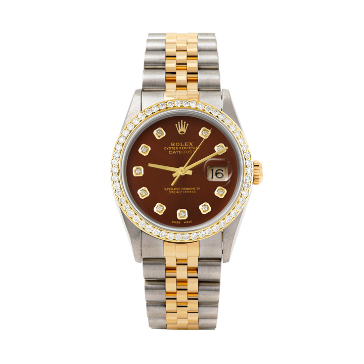Rolex Datejust 36mm TWO TONE 16233 Brown Dial |  Diamond Hour Markers | 1ct Diamond Bezel