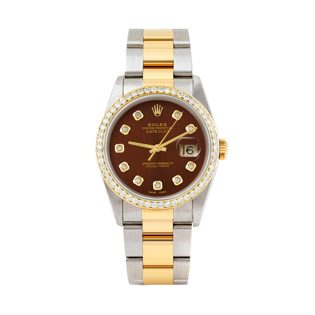 Rolex Datejust 36mm TWO TONE 16233 Brown Dial |  Diamond Hour Markers | 1ct Diamond Bezel