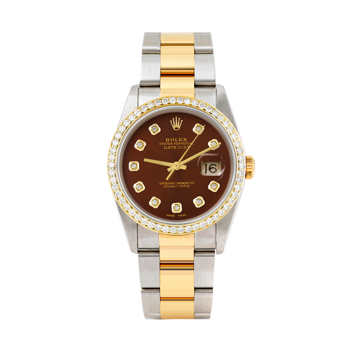 Rolex Datejust 36mm TWO TONE 16233 Brown Dial |  Diamond Hour Markers | 1ct Diamond Bezel