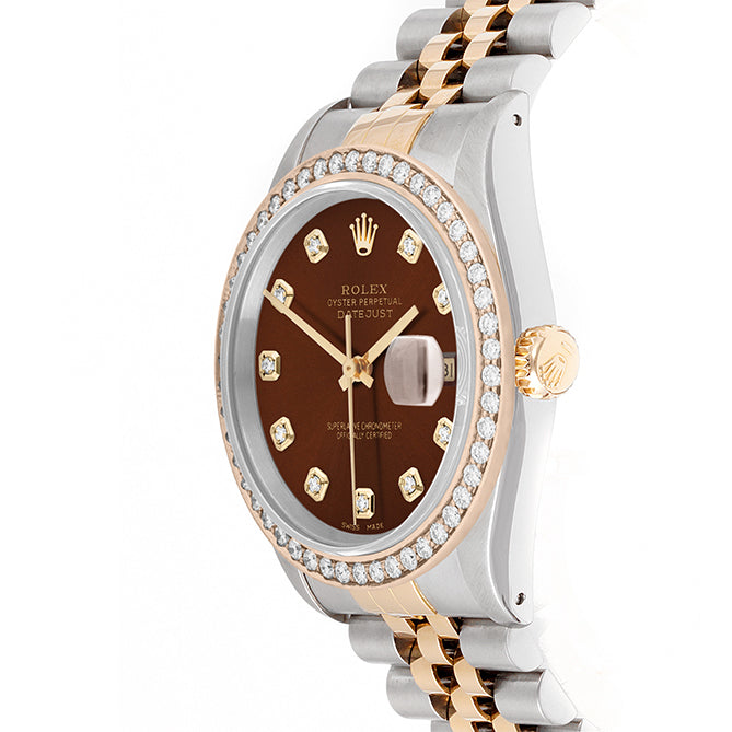 Rolex Datejust 36mm TWO TONE 16233 Brown Dial | Diamond  Hour Markers | 1.8ct Diamond Bezel