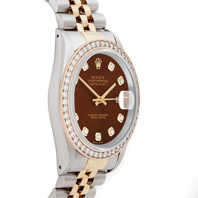 Rolex Datejust 36mm TWO TONE 16233 Brown Dial | Diamond  Hour Markers | 1.8ct Diamond Bezel