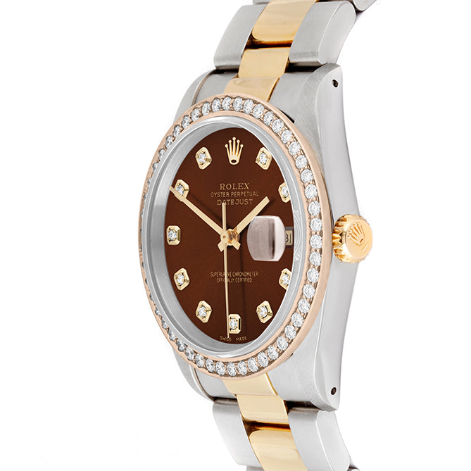 Rolex Datejust 36mm TWO TONE 16233 Brown Dial | Diamond  Hour Markers | 1.8ct Diamond Bezel