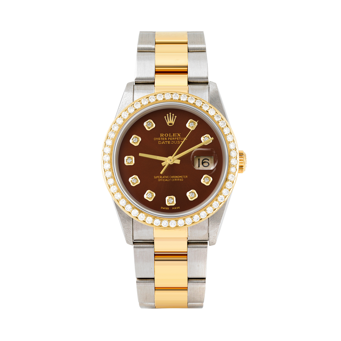 Rolex Datejust 36mm TWO TONE 16233 Brown Dial | Diamond  Hour Markers | 1.8ct Diamond Bezel