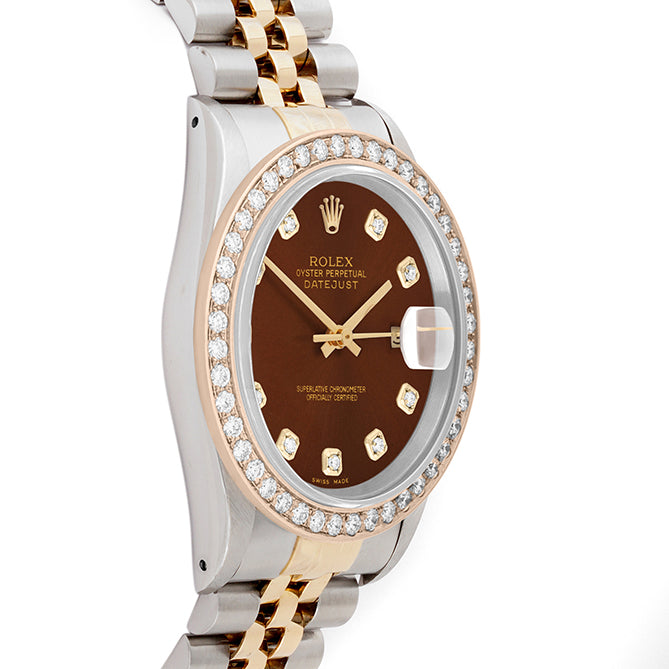 Rolex Datejust 36mm TWO TONE 16233 Brown Dial | Diamond Hour Markers | 2ct Diamond Bezel