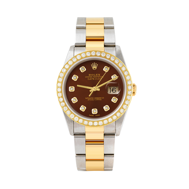 Rolex Datejust 36mm TWO TONE 16233 Brown Dial | Diamond Hour Markers | 2ct Diamond Bezel