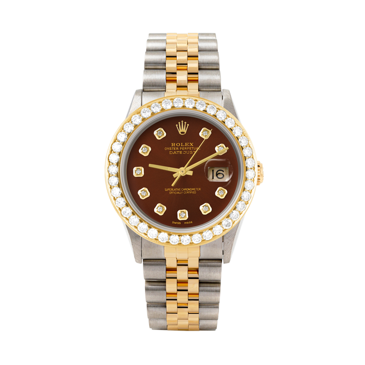 Rolex Datejust 36mm TWO TONE 16233 Brown Dial | Diamond Hour Markers | 2.5ct Diamond Bezel