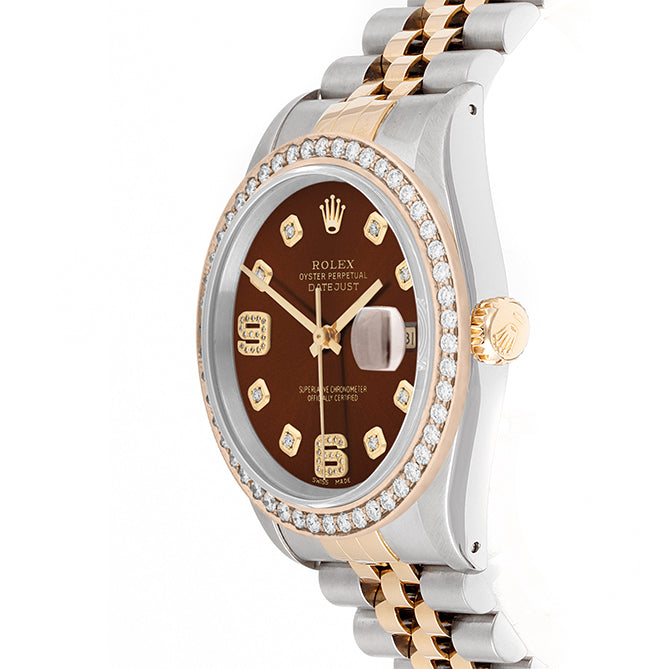 Rolex Datejust 36mm TWO TONE 16233 Brown Dial | 6&9 Diamond Hour Markers | 1.8ct Diamond Bezel