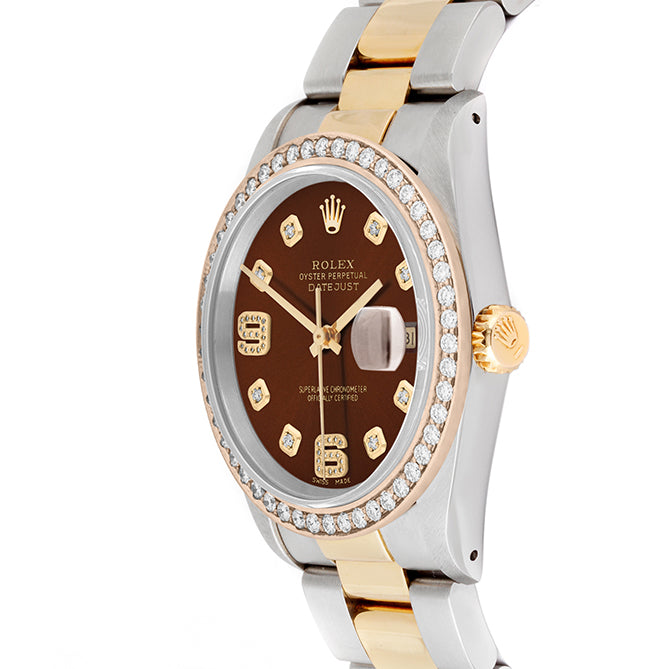 Rolex Datejust 36mm TWO TONE 16233 Brown Dial | 6&9 Diamond Hour Markers | 1.8ct Diamond Bezel