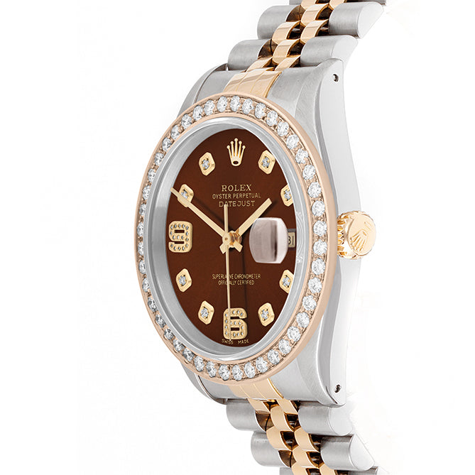 Rolex Datejust 36mm TWO TONE 16233 Brown  Dial |  6&9 Diamond  Hour Markers | 2ct Diamond Bezel