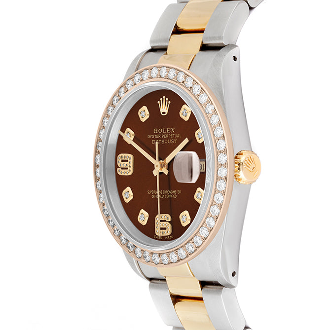 Rolex Datejust 36mm TWO TONE 16233 Brown  Dial |  6&9 Diamond  Hour Markers | 2ct Diamond Bezel