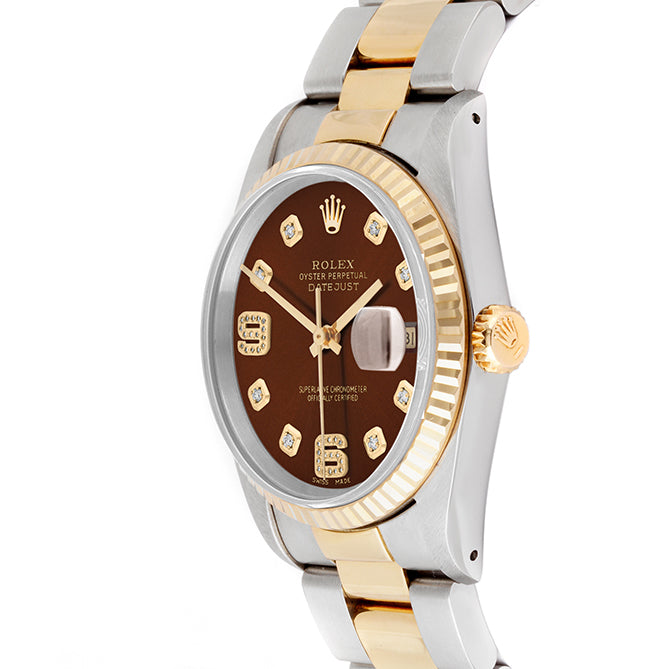 Rolex Datejust 36mm TWO TONE 16233 Brown Dial | 6&9 Diamond  Hour Markers | Fluted Bezel