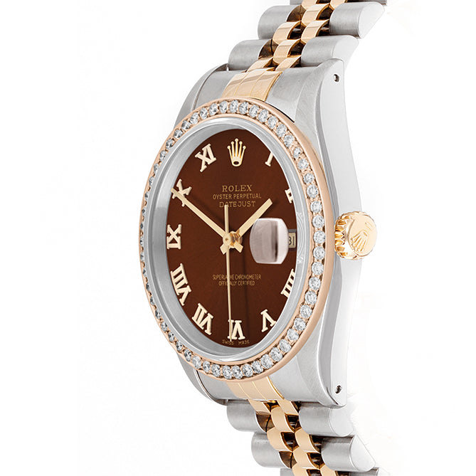 Rolex Datejust 36mm TWO TONE  16233 Brown Dial | Roman Hour Markers | 1ct Diamond Bezel