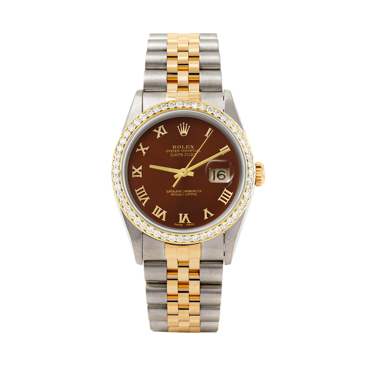 Rolex Datejust 36mm TWO TONE  16233 Brown Dial | Roman Hour Markers | 1ct Diamond Bezel
