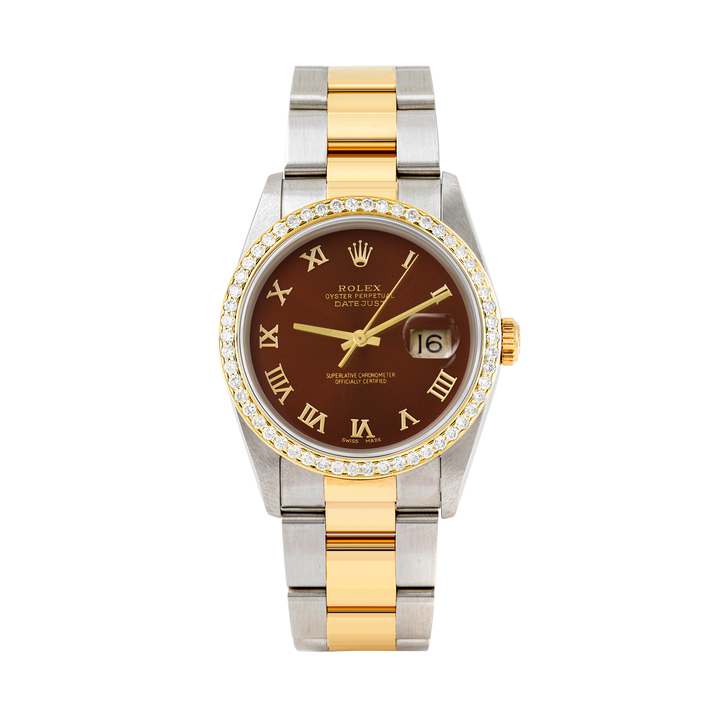 Rolex Datejust 36mm TWO TONE 16233 Brown Dial | Roman Hour Markers | 1ct Diamond Bezel