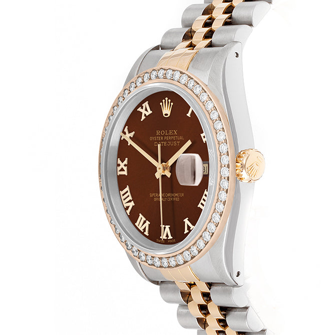 Rolex Datejust 36mm TWO TONE 16233 Brown Dial | Roman Hour Markers | 1.8ct Diamond Bezel