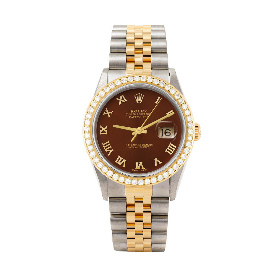 Rolex Datejust 36mm TWO TONE 16233 Brown Dial | Roman Hour Markers | 1.8ct Diamond Bezel