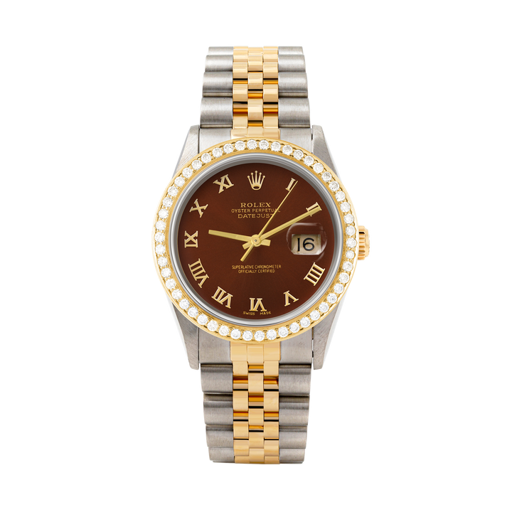 Rolex Datejust 36mm TWO TONE 16233 Brown Dial | Roman Hour Markers | 1.8ct Diamond Bezel