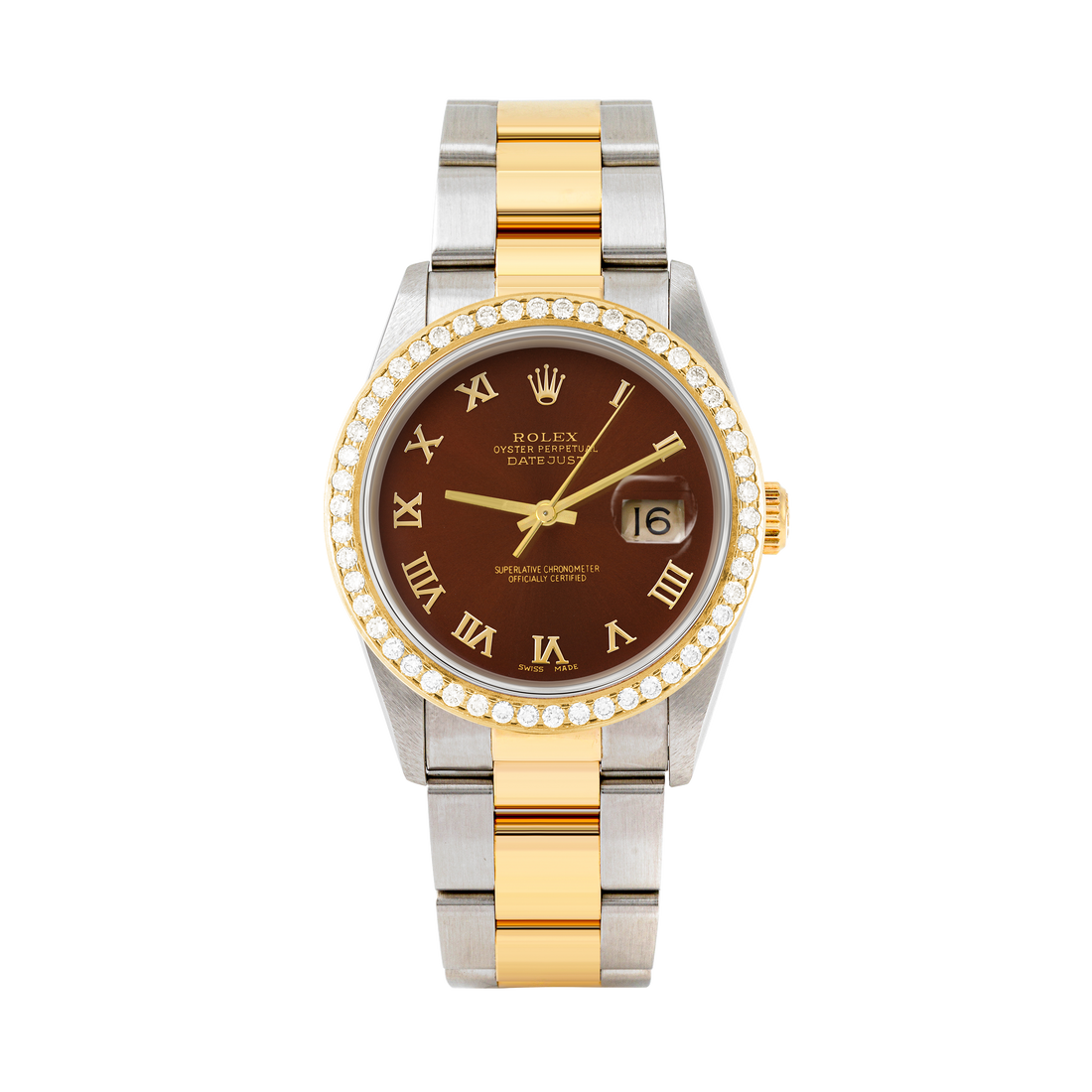 Rolex Datejust 36mm TWO TONE 16233 Brown Dial | Roman Hour Markers | 1.8ct Diamond Bezel