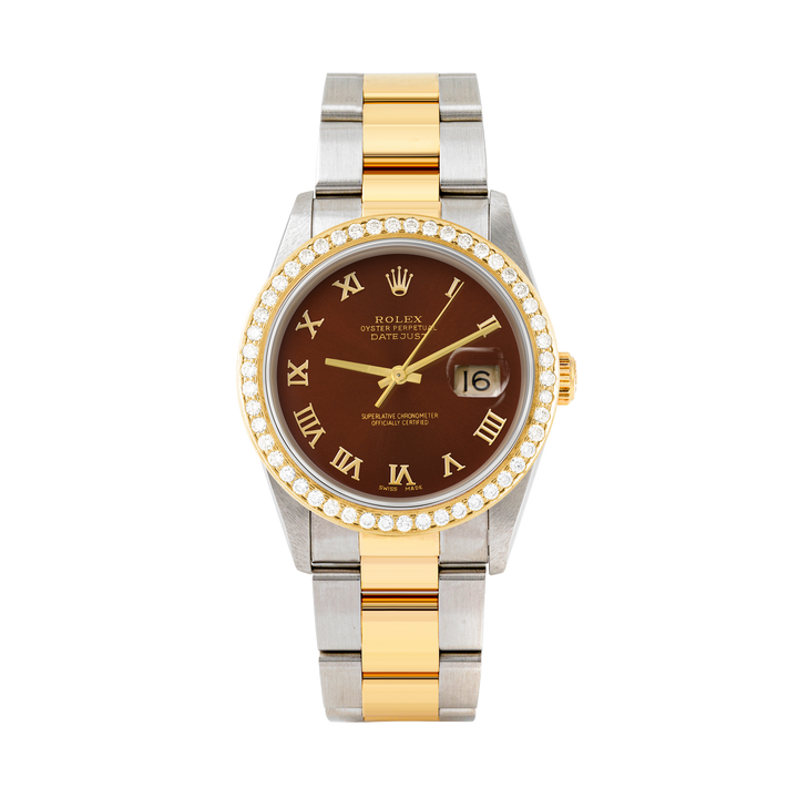 Rolex Datejust 36mm TWO TONE 16233 Brown Dial | Roman Hour Markers | 1.8ct Diamond Bezel
