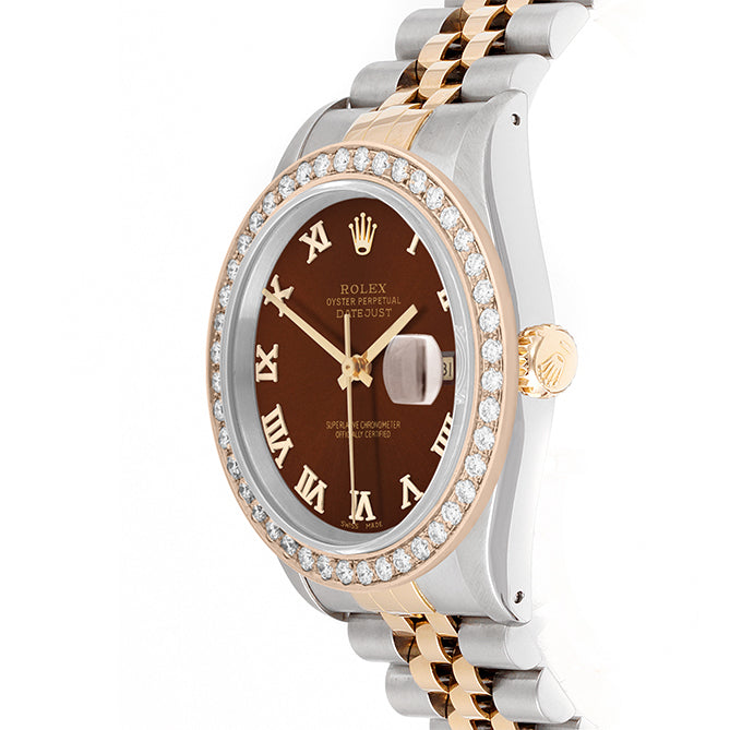Rolex Datejust 36mm TWO TONE 16233  Brown  Dial | Roman Hour Markers | 2ct Diamond Bezel