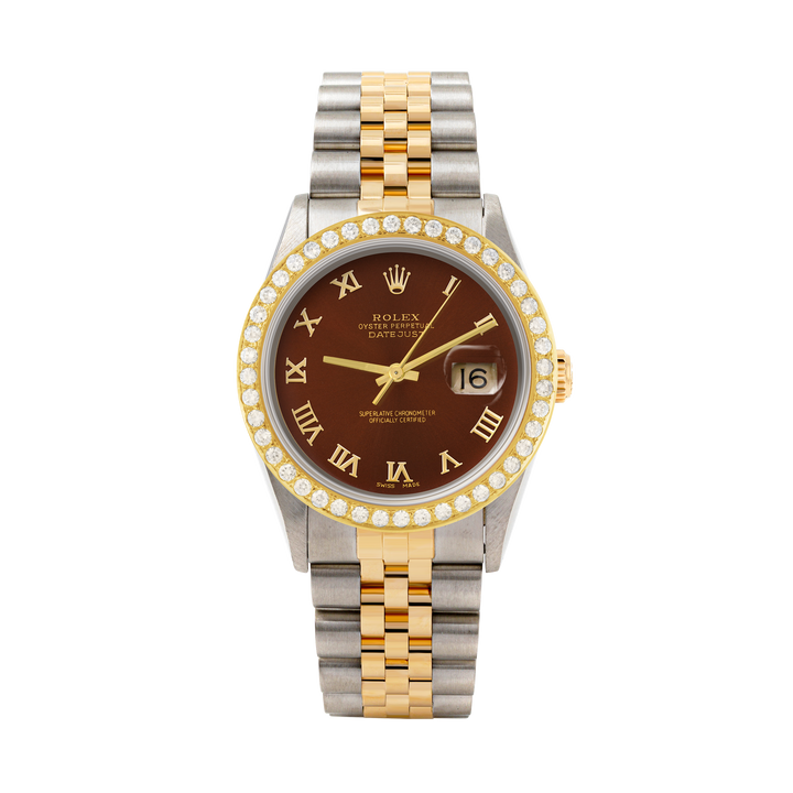 Rolex Datejust 36mm TWO TONE 16233  Brown  Dial | Roman Hour Markers | 2ct Diamond Bezel