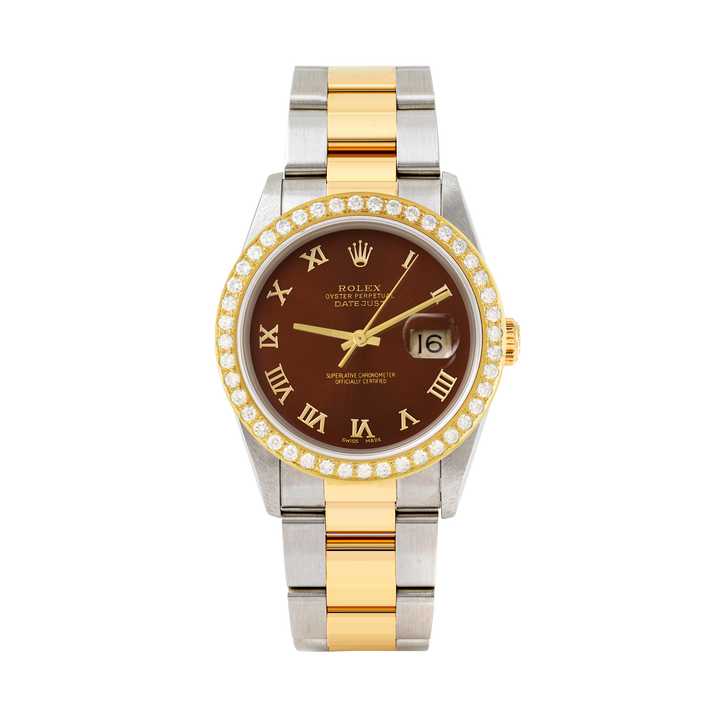 Rolex Datejust 36mm TWO TONE 16233  Brown  Dial | Roman Hour Markers | 2ct Diamond Bezel