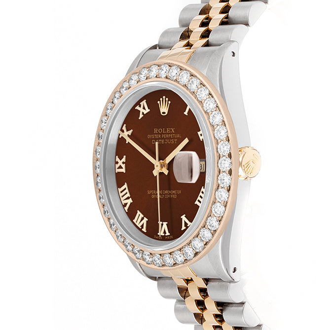 Rolex Datejust 36mm TWO TONE 16233  Brown  Dial | Roman Hour Markers | 2.5ct Diamond Bezel