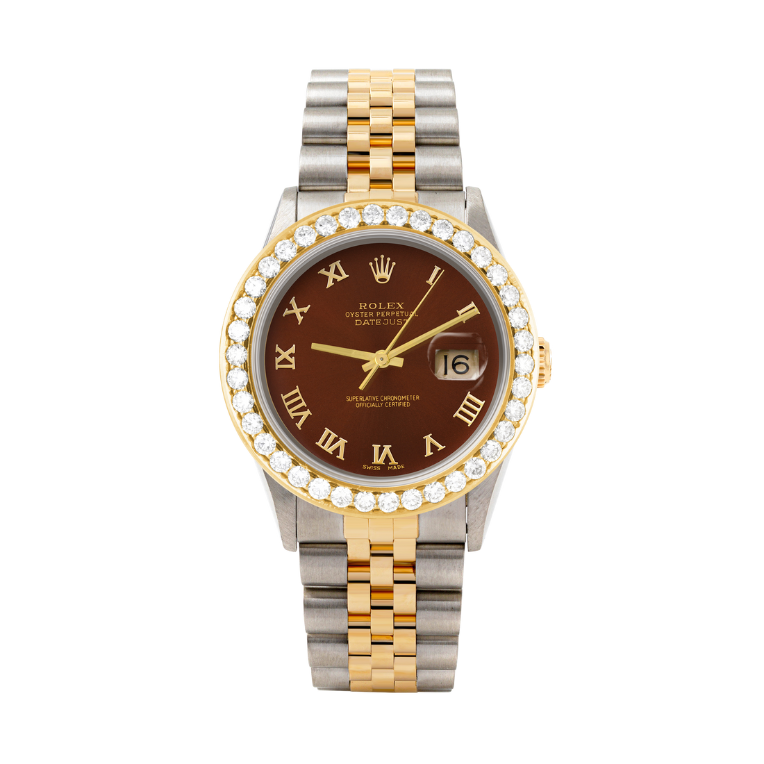 Rolex Datejust 36mm TWO TONE 16233  Brown  Dial | Roman Hour Markers | 2.5ct Diamond Bezel