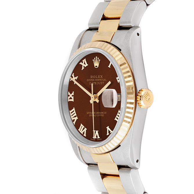 Rolex Datejust 36mm TWO TONE 16233 Brown Dial | Roman Hour Markers | Fluted Bezel