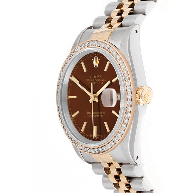 Rolex Datejust 36mm TWO TONE 16233 Brown Dial | Stick Hour Markers | 1ct Diamond Bezel