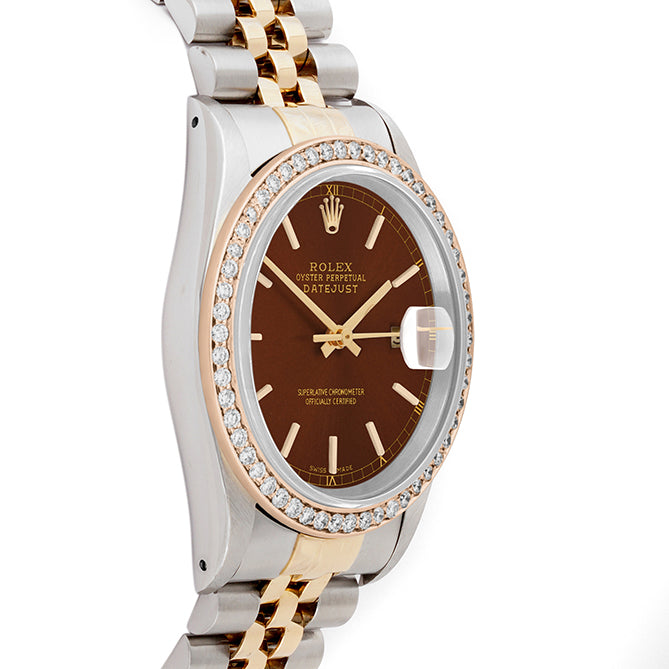 Rolex Datejust 36mm TWO TONE 16233 Brown Dial | Stick Hour Markers | 1ct Diamond Bezel
