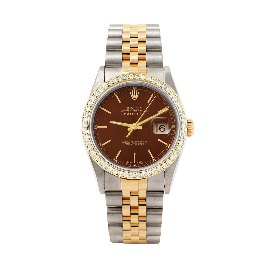 Rolex Datejust 36mm TWO TONE 16233 Brown Dial | Stick Hour Markers | 1ct Diamond Bezel