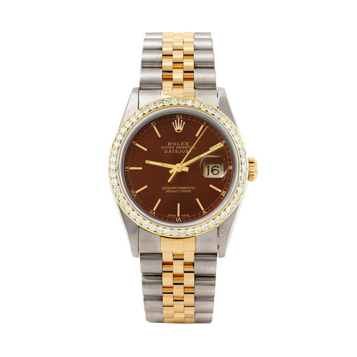 Rolex Datejust 36mm TWO TONE 16233 Brown Dial | Stick Hour Markers | 1ct Diamond Bezel