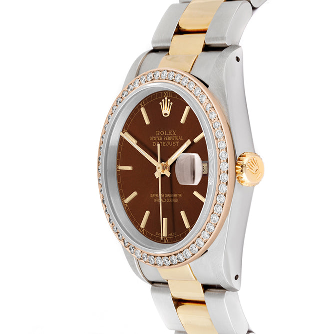 Rolex Datejust 36mm TWO TONE 16233 Brown Dial | Stick Hour Markers | 1ct Diamond Bezel