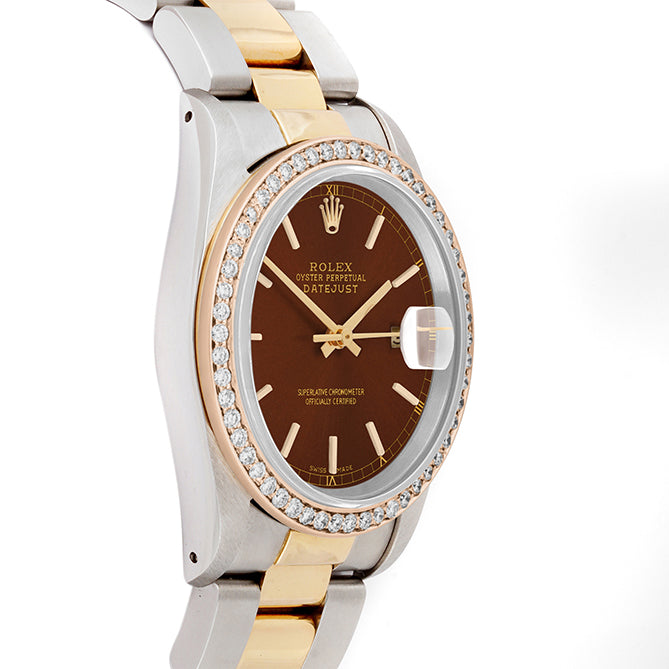 Rolex Datejust 36mm TWO TONE 16233 Brown Dial | Stick Hour Markers | 1ct Diamond Bezel
