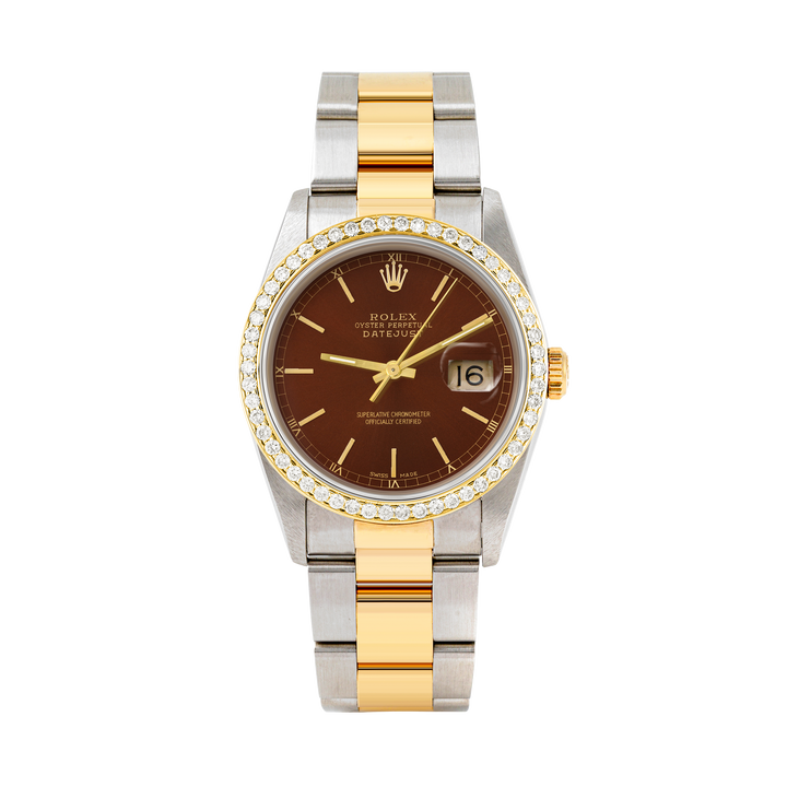 Rolex Datejust 36mm TWO TONE 16233 Brown Dial |  Stick Hour Markers | 1ct Diamond Bezel